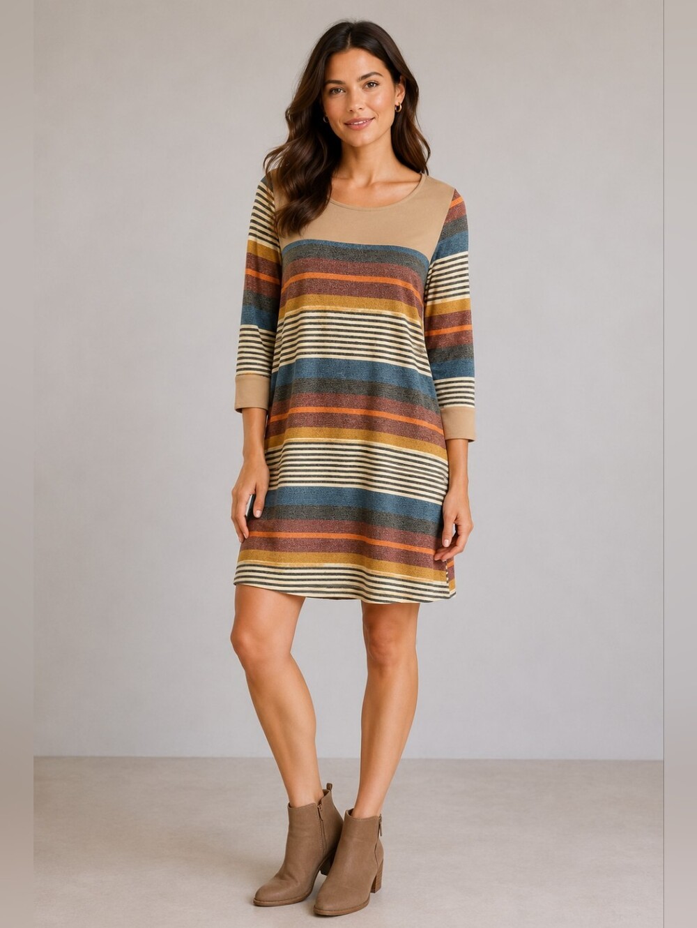 Wanna B Large Multicolor Striped Knit Shift Dress - Tan, Blue, Rust
